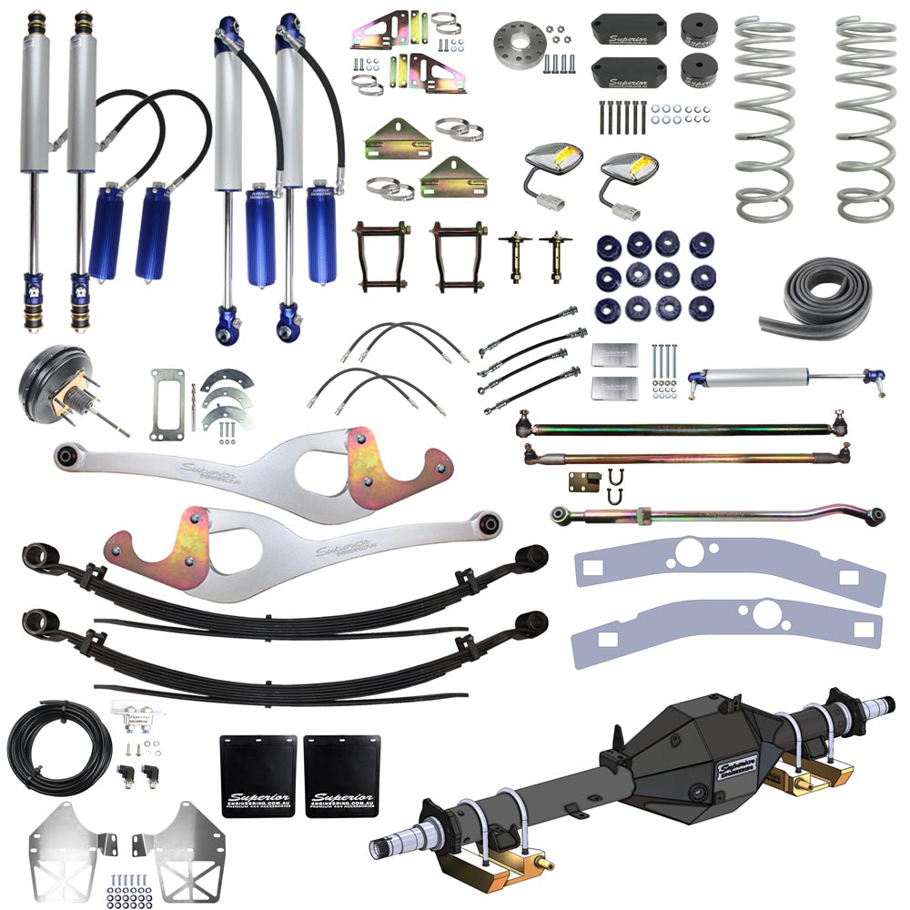 Superior Outback Tourer Australia Wide Legal Leaf Sprung 2 Inch Lift, Suit 33-34 Inch Tyres, Track Corrected Chromoly Diamond Diff, 4.2T GVM Suitable For Toyota LandCruiser 79 Series Dual Cab (VSC Models) - SUP-79VLTC-FED2RAKIT20